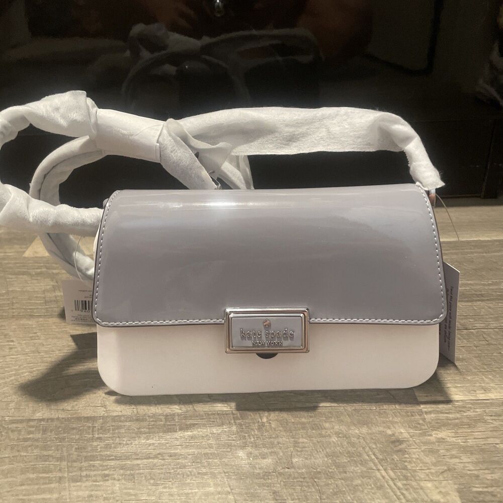 NWT Kate Spade Reegan Patent Mini Flap Crossbody Bag Gray White Pavement KM567